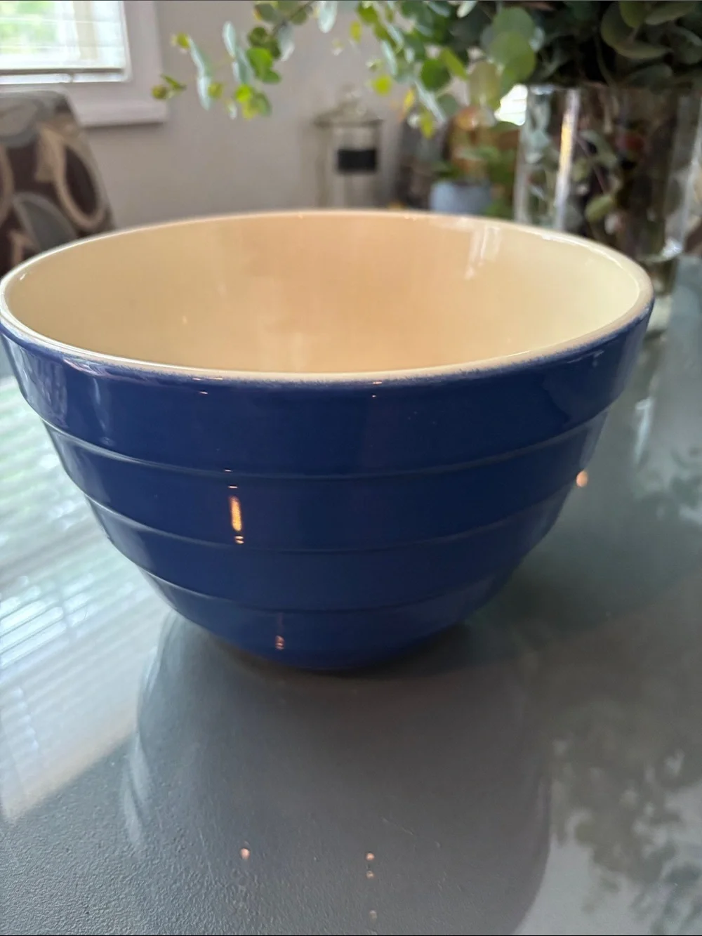 Crate and Barrel Blue Ceramic Mixing Bowl with Cream Interior-slight chip